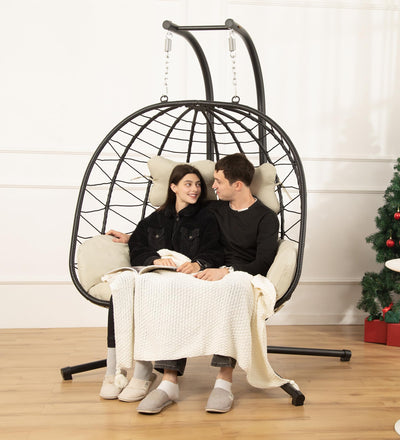 Double Egg Chair with Stand Hammock Swing Chair Foldable Hanging Loveseat, UV Resistant Removable Cushions, 700LBS Capacity for Bedroom, Balcony, Garden(BK-BE)