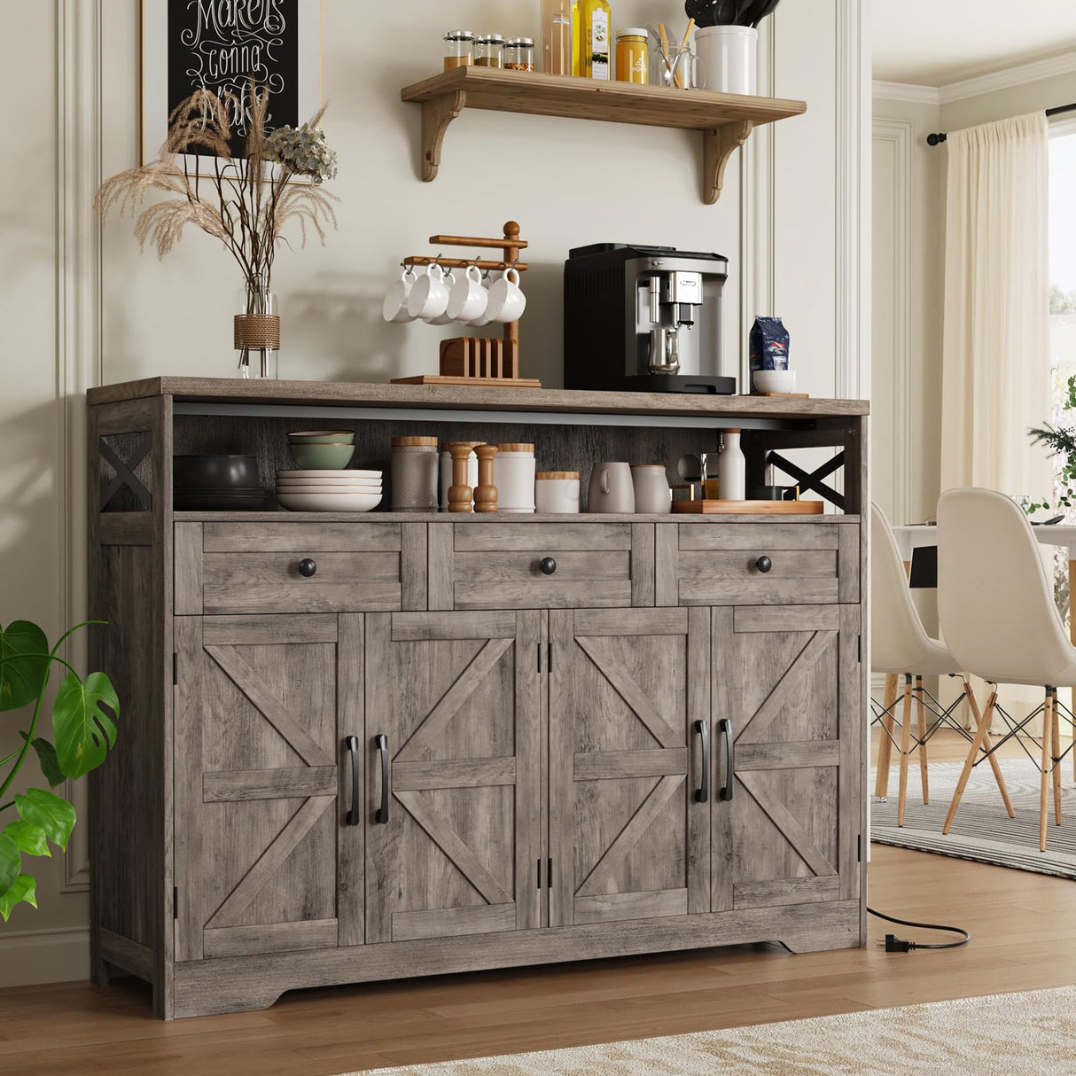 51" Farmhouse Buffet Sideboard with Storage, Kitchen Pantry Cabinet with Storage Drawers, Wood Cupboard Hutch, Coffee Bar Station Table for Kitchen, Living Room, Dining Room, Grey FiveWillowise