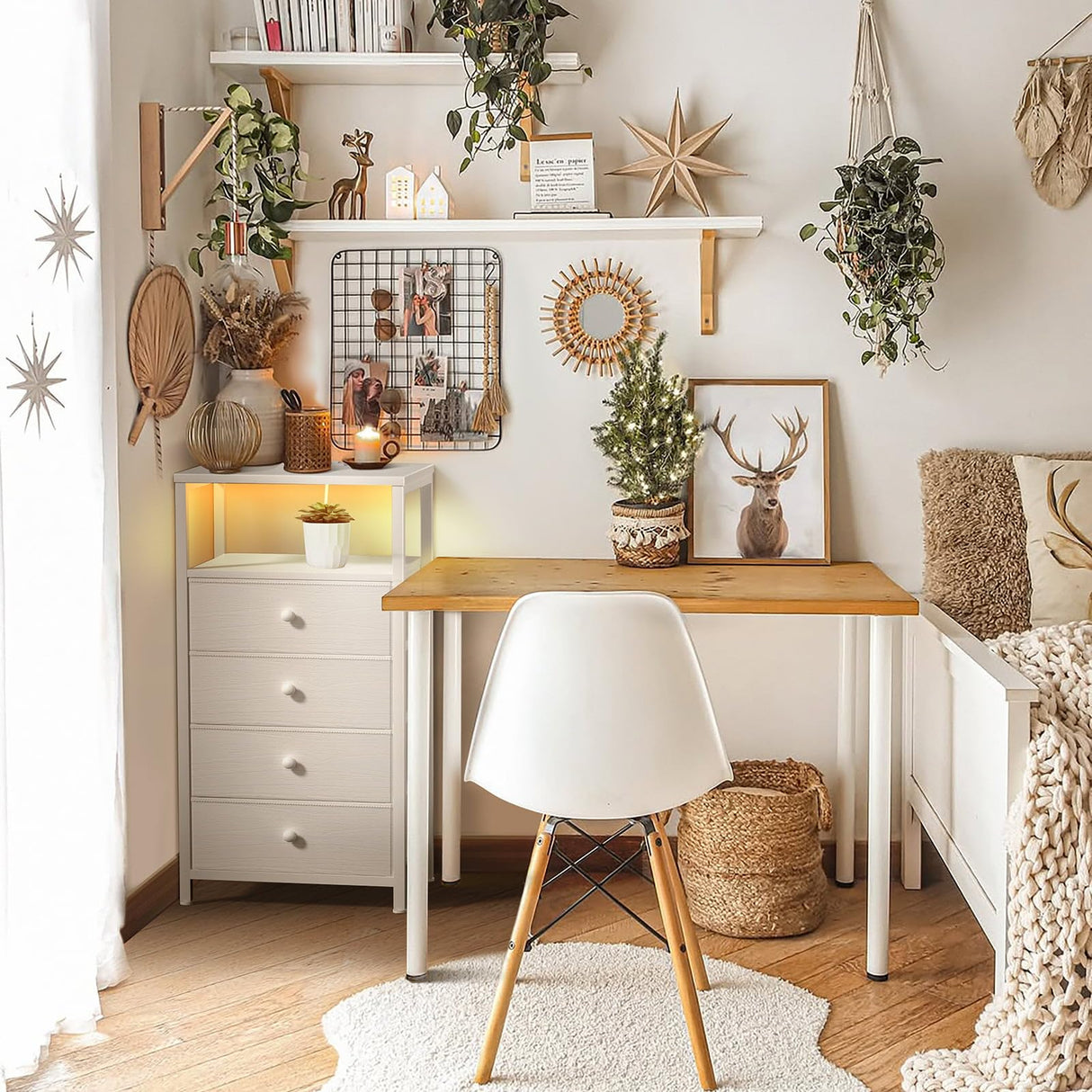 BOLUO Tall Night Stand with Drawers, White Nightstand with Charging Station and LED Light, Small White 4 Drawer Dresser for Bedroom, Room Storage Closet BOLUO