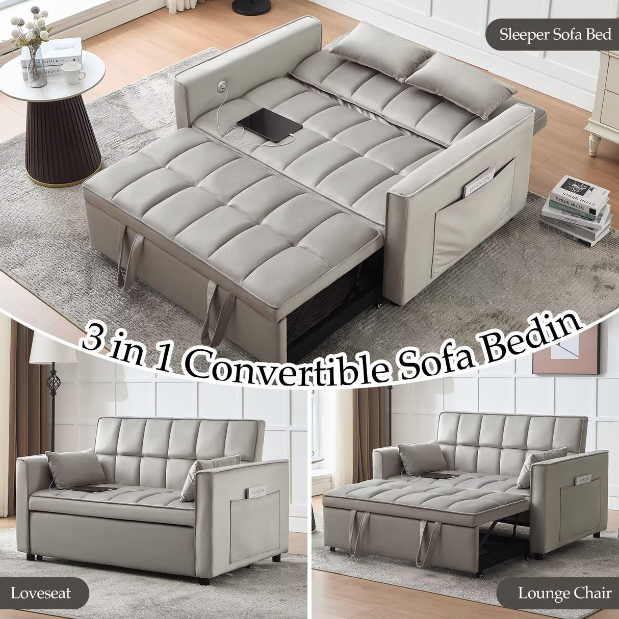 POYISOU Modern 3 in 1 Convertible Sleeper Sofa Couch Bed with USB, Adjustable Backrest Velvet Pull Out Sofa Bed, Loveseat Sleeper Couch, Couches for Living Room, Bedroom, Apartment, Light Grey POYISOU