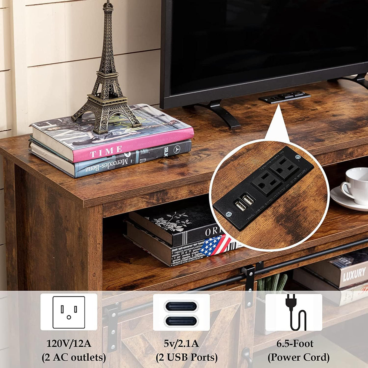 Vinctik 6&Fox 57In Wooden Farmhouse Entertainment Center for 60/65 inch TV,Double Layer Storage Farmhouse TV Stand,Double-Row Sockets with Wood Sliding Barn Door TV Stand,Adjustable Storage Shelf Vinctik 6&Fox