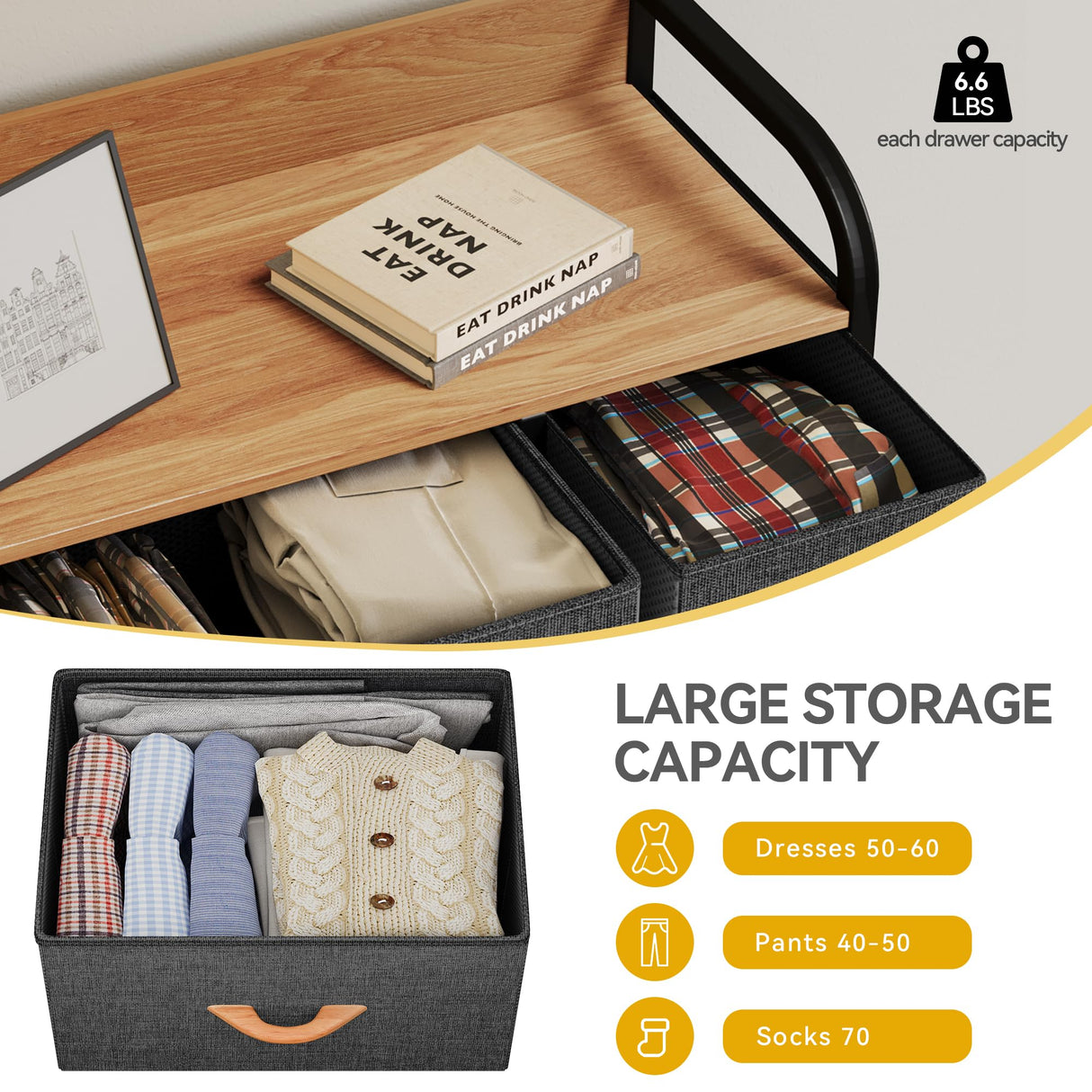 DWVO Fabric Dresser with 7 Drawers, Black Dresser & Chest of Drawers, Storage Tower with Large Capacity, Organizer Unit for Bedroom, Living Room & Closets DWVO