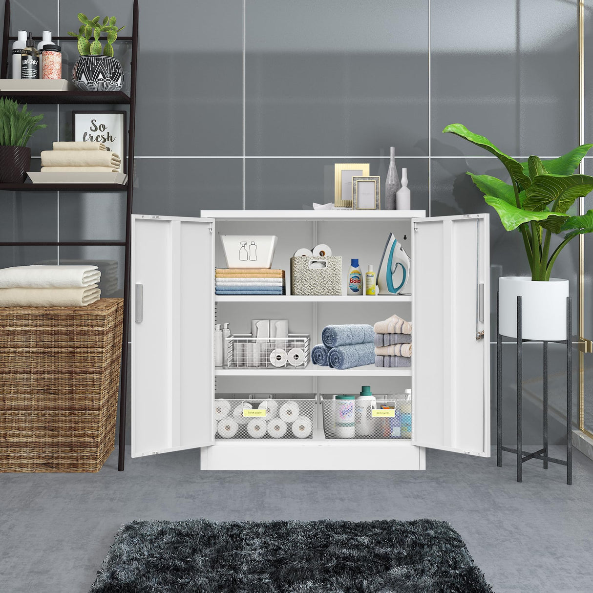 CJF Metal Storage Cabinets with Shelves and Doors, Sideboard Buffet Cabinet for Kitchen, Entryway, Living Room, Home Office, Garage, Utility Room and Basement, 36.2" H x 31.5" W x 15.7" D (White) CJF