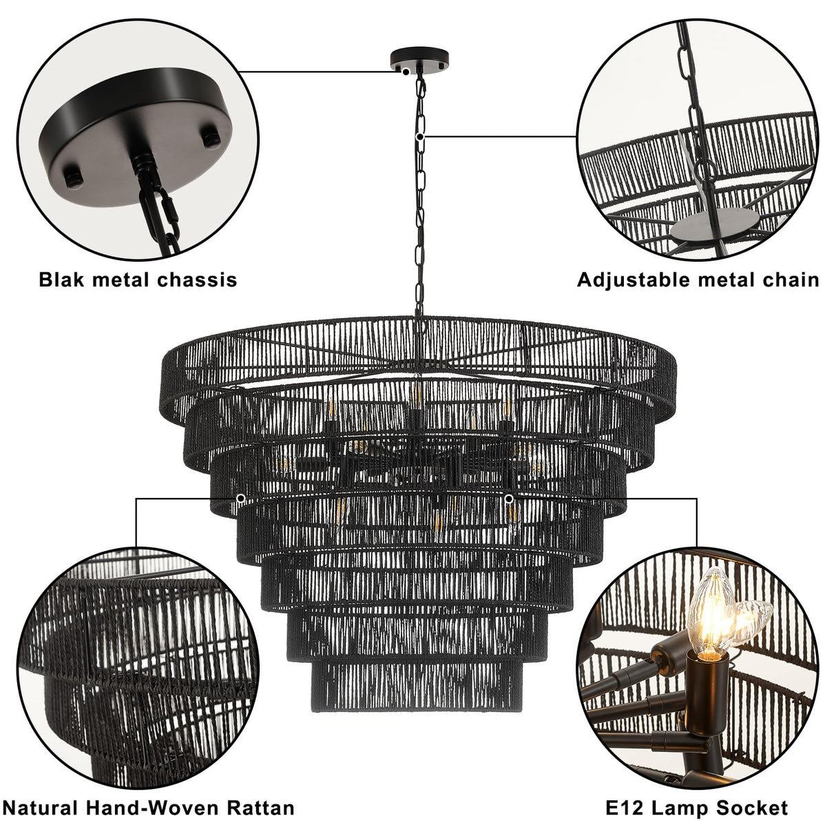 YOMECOO 39.4“ Large Hand-Woven Rattan Chandelier Vintage Farmhouse 15-Lights Boho Bamboo Black Chandeliers Light Fixture Retro Drum Wicker Rattan Chandelier for Dining Room, Living Room, Kitchen, E12 YOMECOO