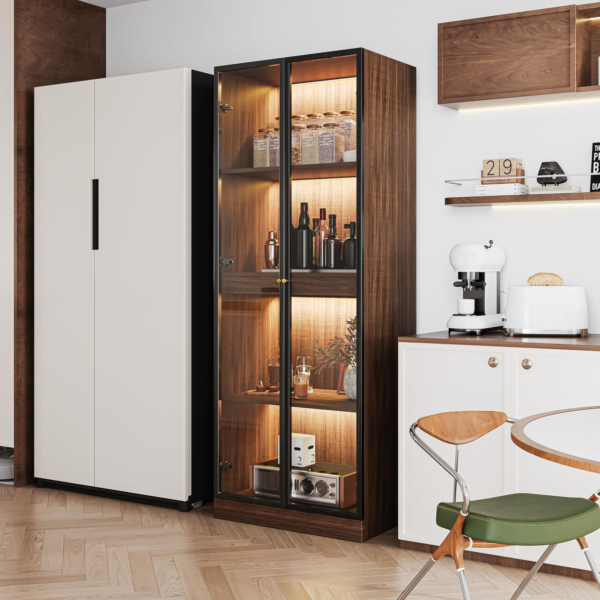 ATJafurn Glass Display Cabinet with LED Lights Tempered Glass Curio Cabinet with Pull-Out Shelf for China Liquor Collectibles 23.6'' W (Walnut) ATJafurn