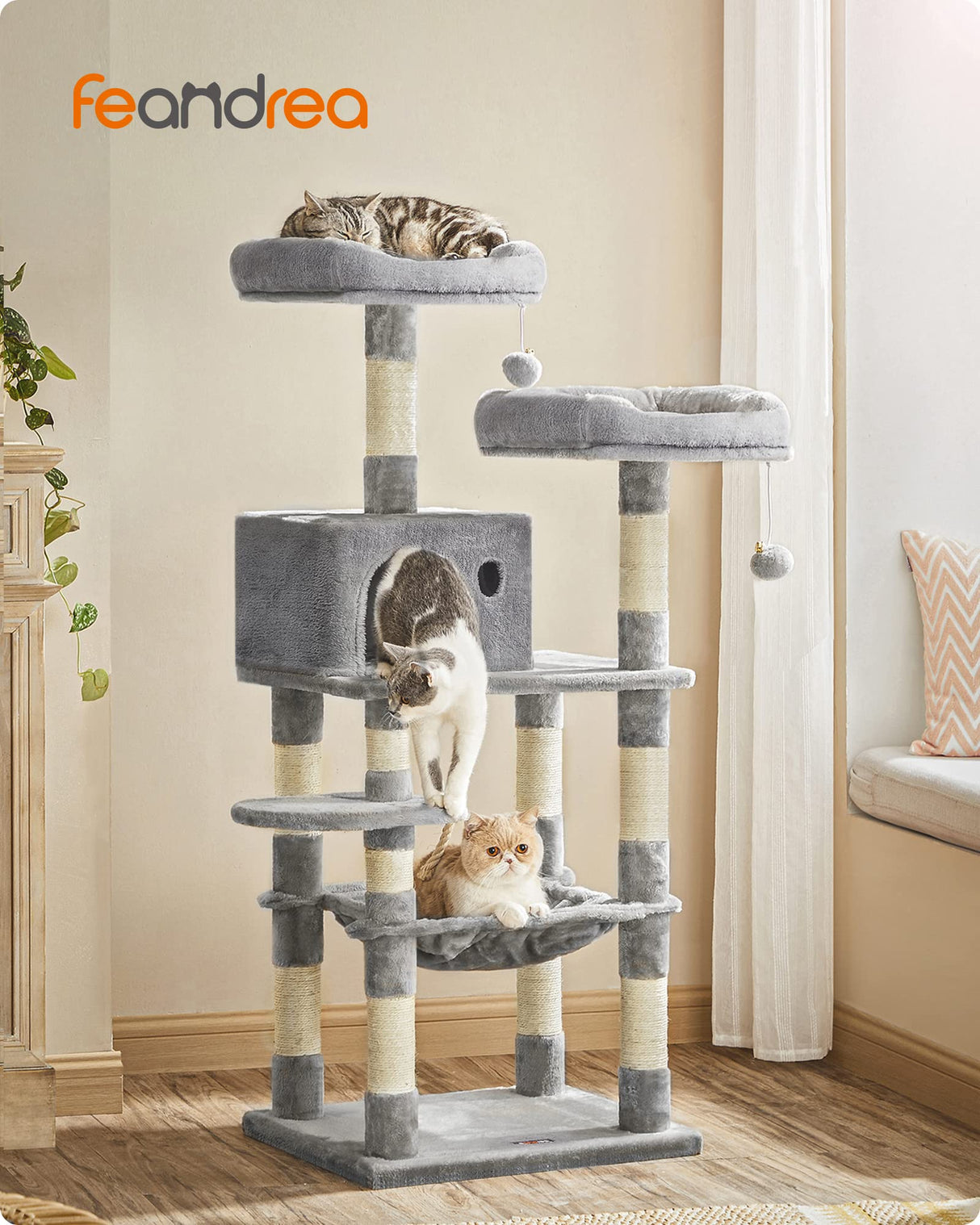 FEANDREA Cat Tree, Cat Tower for Indoor Cats, 56.3-Inch Cat Condo with Scratching Posts, Hammock, Plush Perch, Light Gray UPCT15W Feandrea