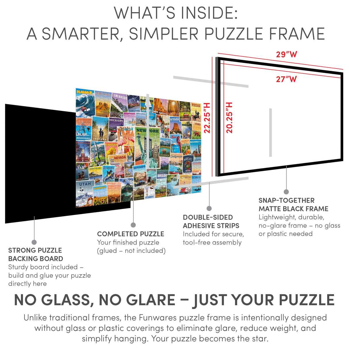 Funwares 20x27 Puzzle Frame – Sleek Matte Black Finish, Easy Assembly, No Glass/Plastic Cover Included, Lightweight Frame, Fits Most 1000 Piece Puzzles, Secure Fit with Built-In Hanging Hooks Funwares