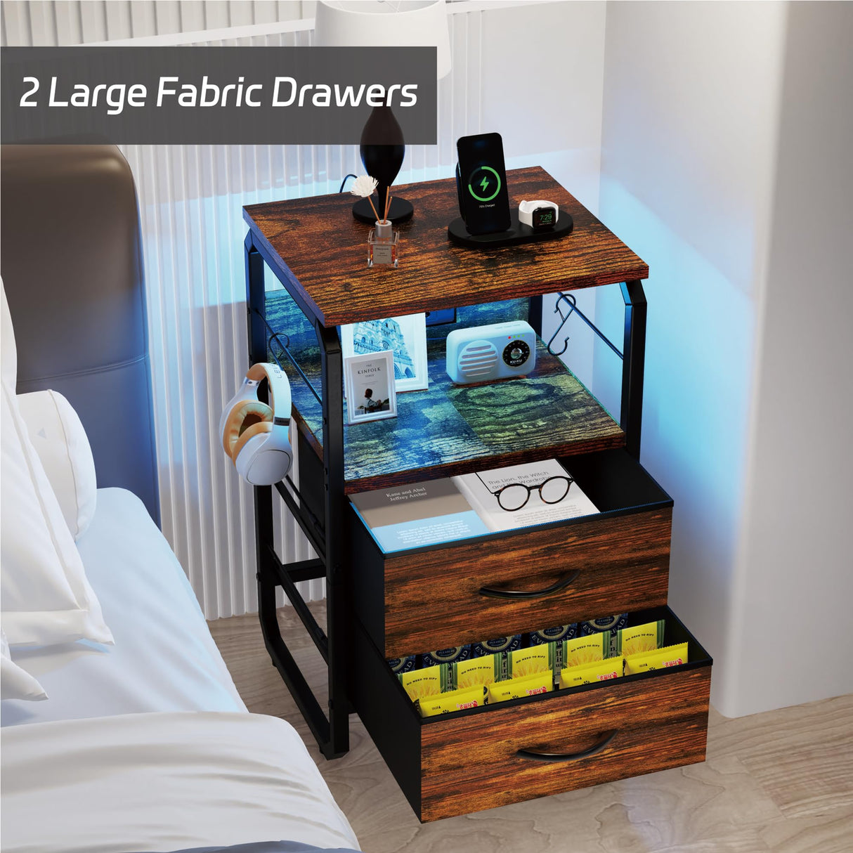 runjuly LED Nightstand, Bed Side Table with Storage, End Table with Drawers & Hooks, Bedside Table with Charging Station, AC Outlets, USB C Ports, Rustic Brown Night Stand Table for Living Room, Dorm runjuly