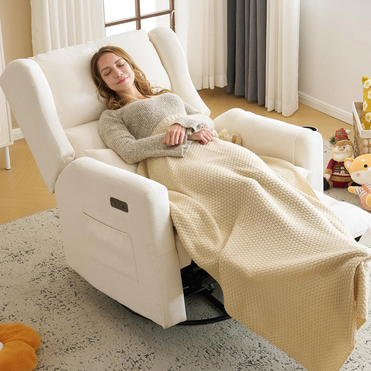 Rhevoy Oversized Swivel Rocker Recliner Chair, 26" Extra Wide Glider Nursery Chair with Adjustable Headrest, Chenille Power Recliner Rocking with Double Cushion, Cup Holder, White Rhevoy