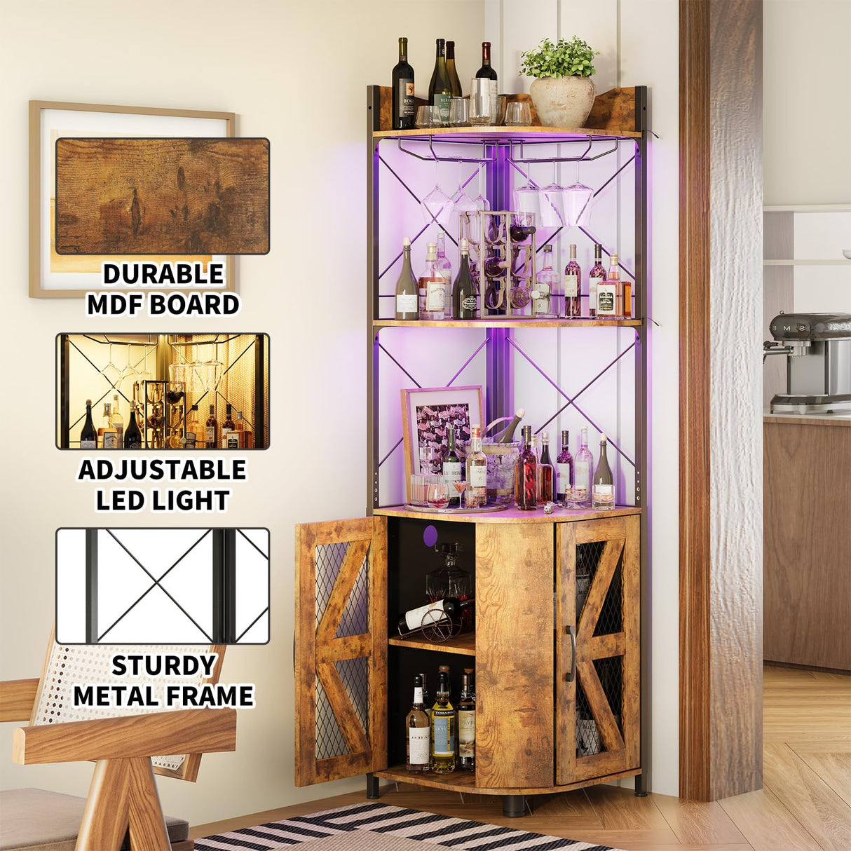 Corner Bar Cabinet with RGB LED Lights and Power Outlet, 63 Inch, 5-Tier Industrial Corner Wine Cabinet with Glass Holder, Corner Liquor Cabinet for Home, Bar Cabinet - Rustic Brown Pipleo