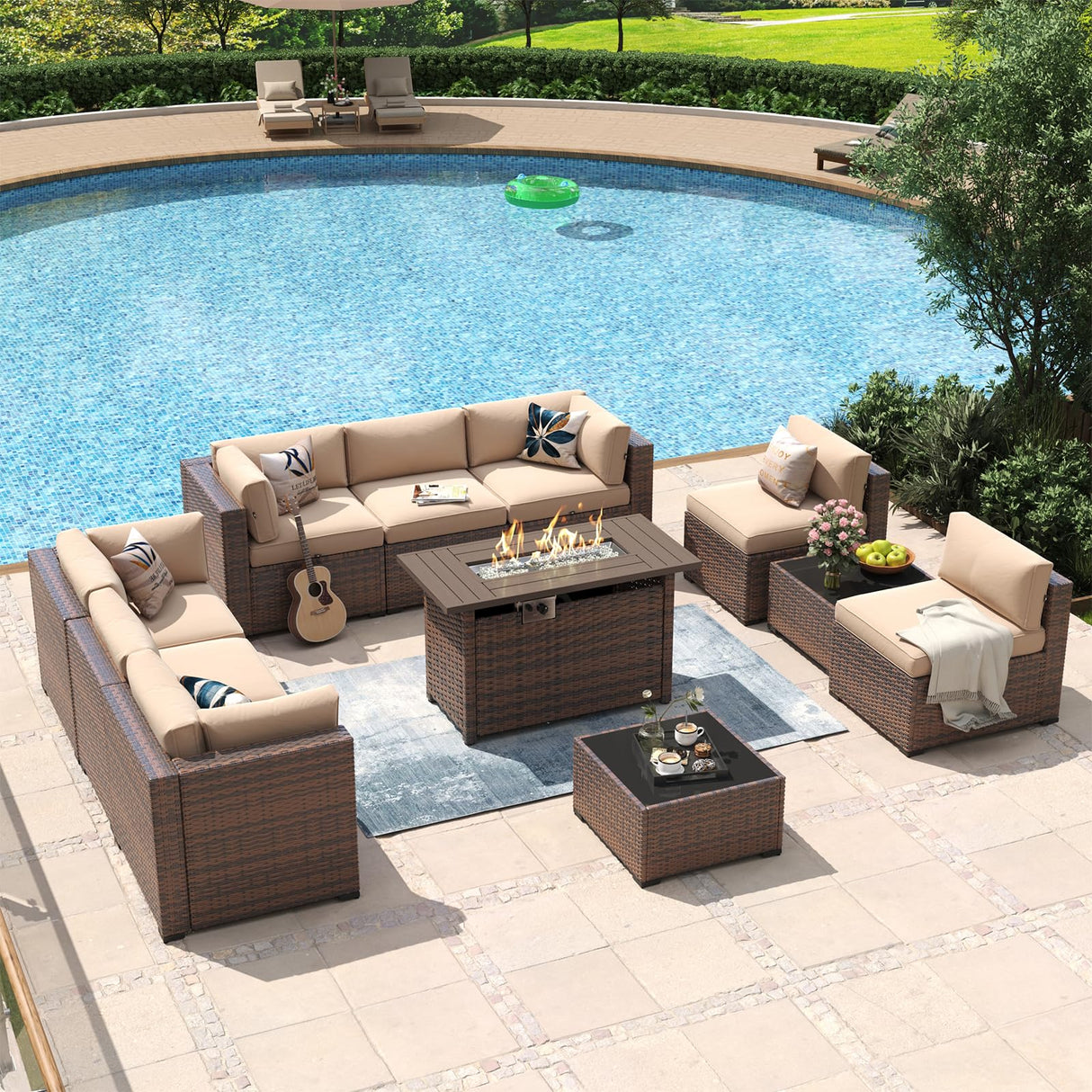 Aoxun 11 Piece Patio Furniture Set with 44” Fire Pit Table Wicker Rattan Outdoor Sectional Sofa Set with Coffee Table and Thickened Cushions, Beige (Waterproof Cover Included) Aoxun