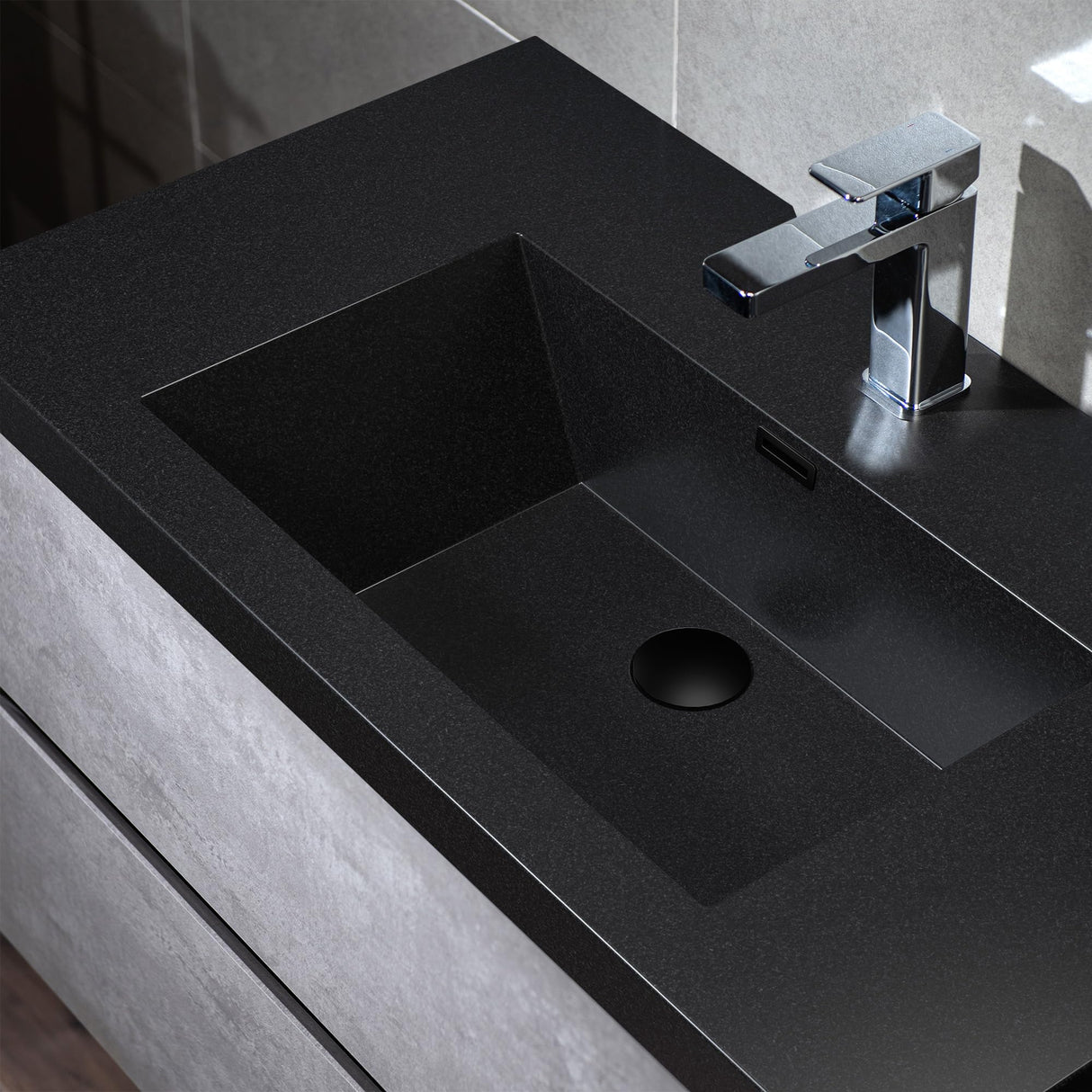 WOODBRIDGE 36 in. W x 19 in. D Wall Mounted Floating Bathroom Vanity in Gray with Quartz Sand Composite Vanity Top in Matte Black WOODBRIDGE