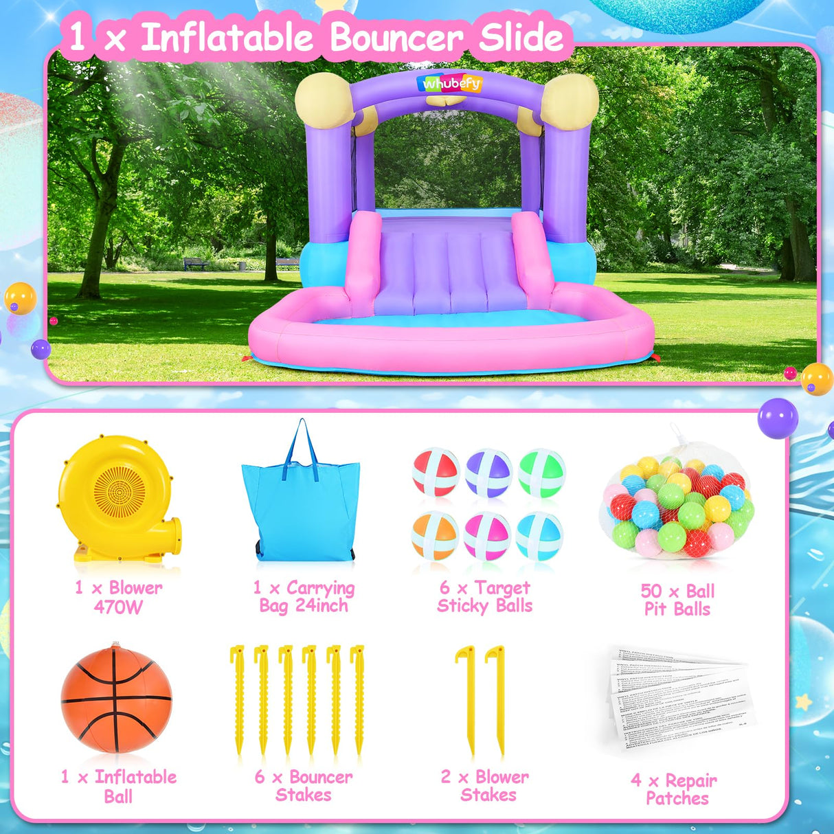 Inflatable Bounce House for Kids 3-6 with Water Slide Ball Pit Pool & 50 Ocean Balls, 5 in 1 Bouncy Castle w/ 6 Sticky Ball Dart Board Game, Basketball Hoop, Storage Bag & Blower Indoor Outdoor Party ROOJER