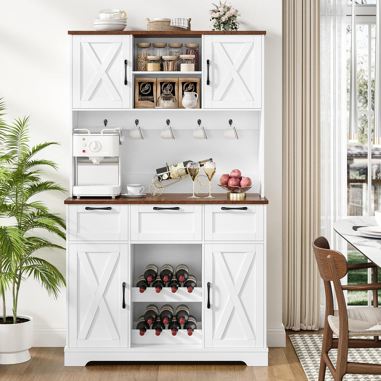 HIFIT 72" Tall Farmhouse Kitchen Pantry Storage Cabinet with Doors & Shelves & Drawer, Freestanding Hutch Cabinet with Microwave Stand/Wine HIFIT