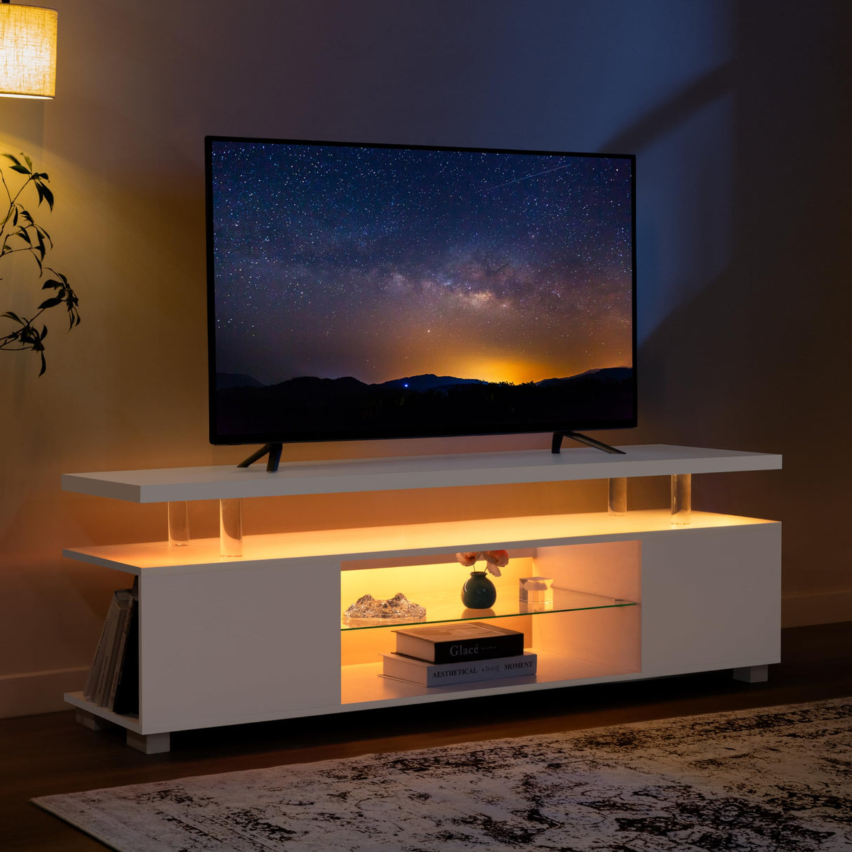 Cubehom LED TV Stand White TV Stands for Living Room Modern TV Stand with Storage for 65/70/75 inche TVs Entertainment Center for Living Room Cubehom