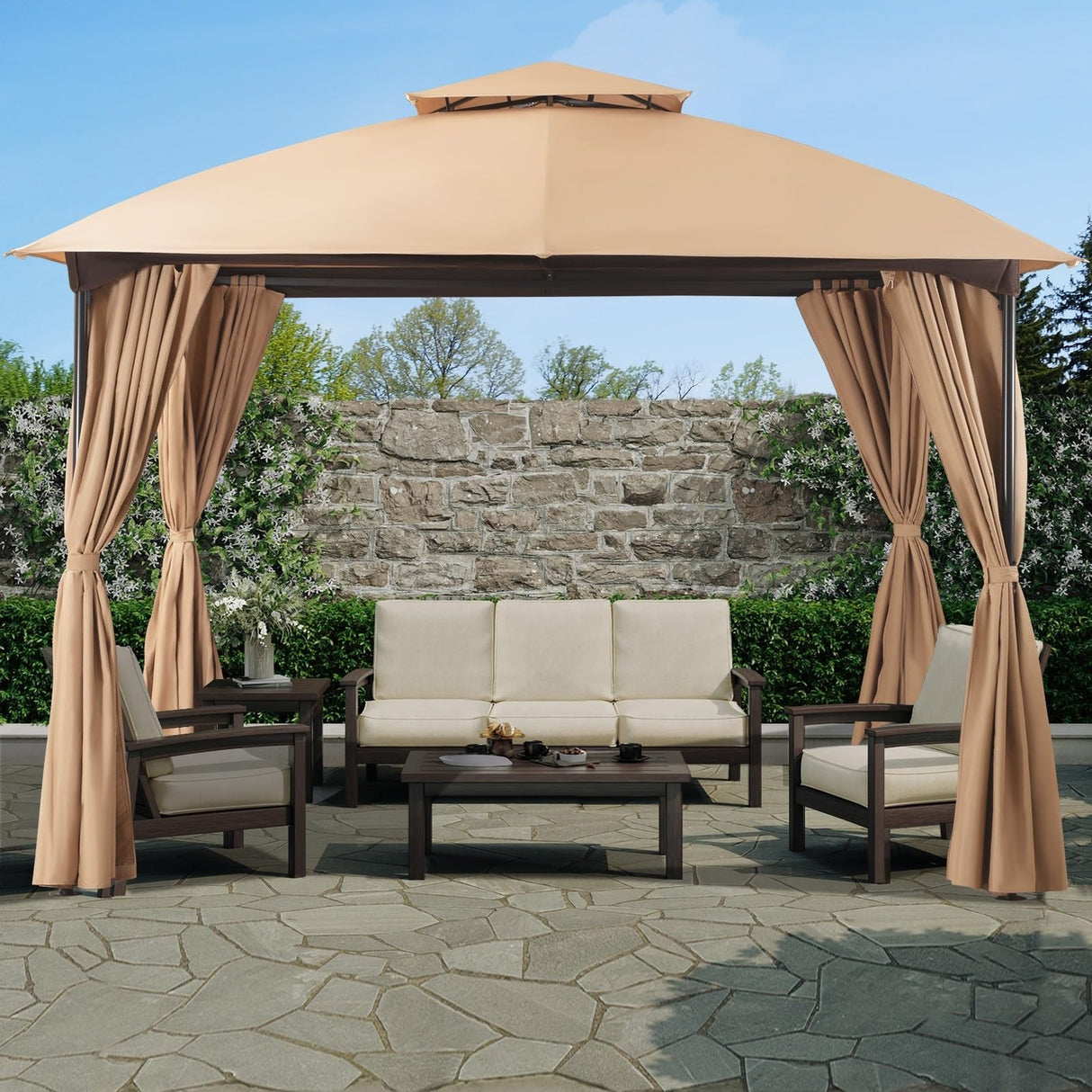 LAUSAINT HOME Patio Arc Gazebo Outdoor Canopy Tent 10'x10', Party Tent Shelter with Curtains & Expansion Bolts and Wind-Resistant Ropes for Patios, Garden, Backyard and Lawn, Khaki LAUSAINT HOME