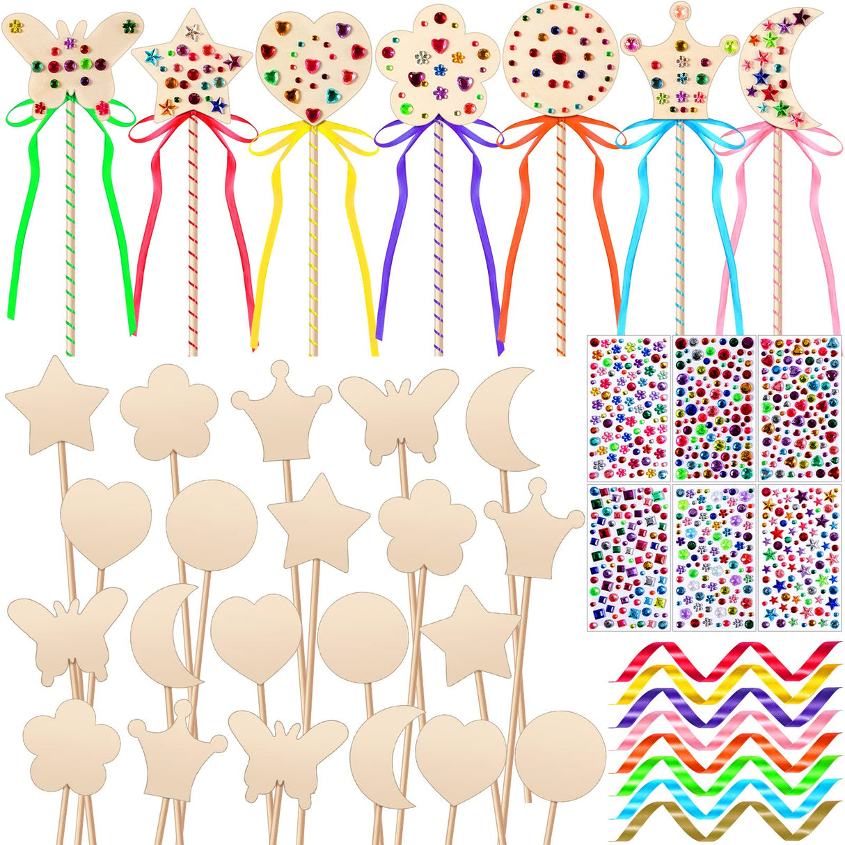 Chumia 42 Pcs Princess Fairy Wands Kit Include 28 Wooden Princess Wand, 6 Gem Stickers, 8 Ribbons, Birthday Party Supplies, Unfinished DIY Moon Butterfly Make Your Own Wand Chumia