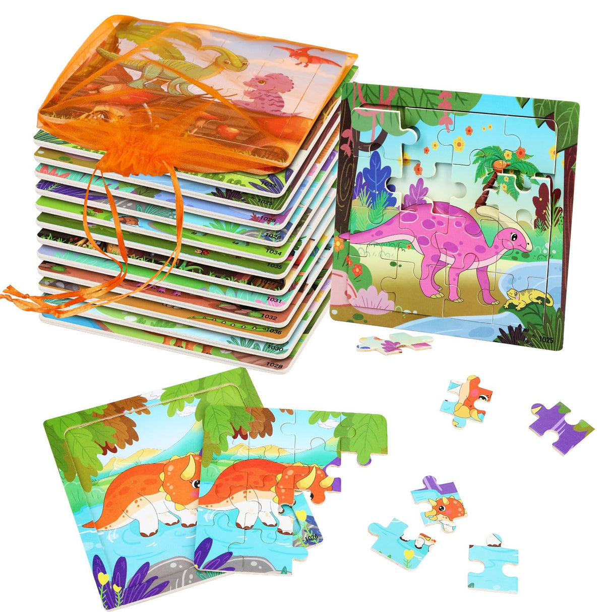 SANNIX 12 Pack Dinosaur Wooden Jigsaw Puzzles with 12 Organize Bags, Dinosaurs Animals Toddlers Puzzles for Kids Ages 3 4 5, Party Favors Educational Learning Travel Toys for Boys Girls SANNIX