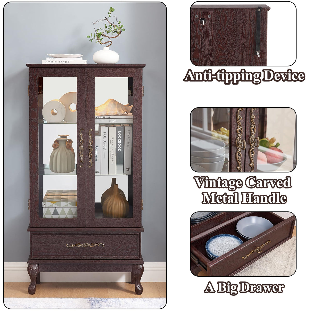 nifoti 51" H Lighted Curio Cabinet Display Case, Glass Curio Cabinet with Adjustable Shelves,Tempered Glass Door and Drawer, Wooden Cabinets w/Mirrored Back Pane for Living Room (Dark Cherry) nifoti