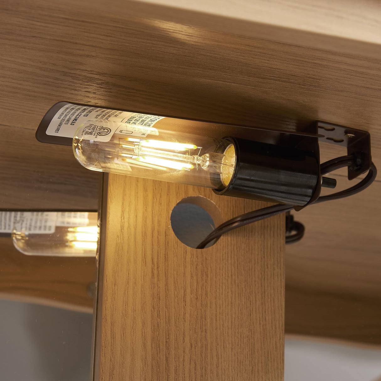 Glass Display Cabinet with Doors and Drawer, Lighted Curio Display Cabinet with Adjustable Glass Shelves and Mirrored Back Panel, Retro Floor Standing Storage Cabinets for Living Room, Light Oak BAOMKONG