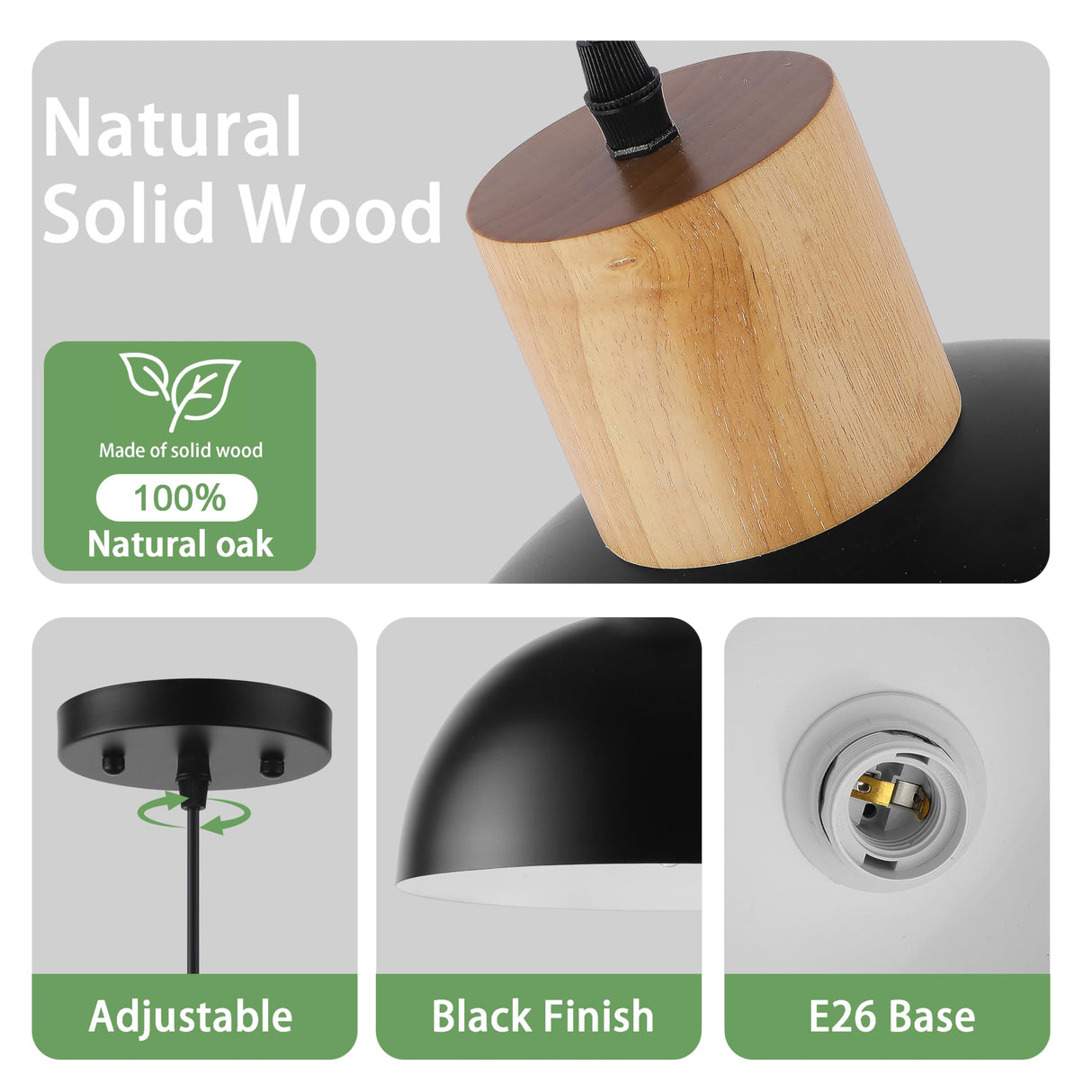 QianZhan Solid Wood Pendant Light 3 Pack, Modern Matte Black Pendant Lights Fixtures Adjustable Dome Hanging Lighting,for Kitchen Island Dining Room Restaurant Office Farmhouse QianZhan
