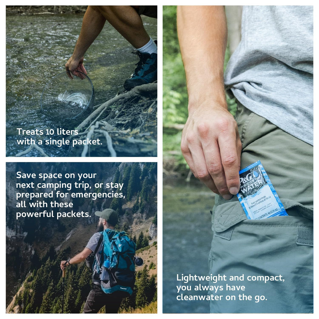 P&G Purifier of Water Portable Water Purifier Packets. Emergency Water Filter Purification Powder Packs for Camping, Hiking, Backpacking, Hunting, and Traveling. (12 Packets) P&G Purifier of Water