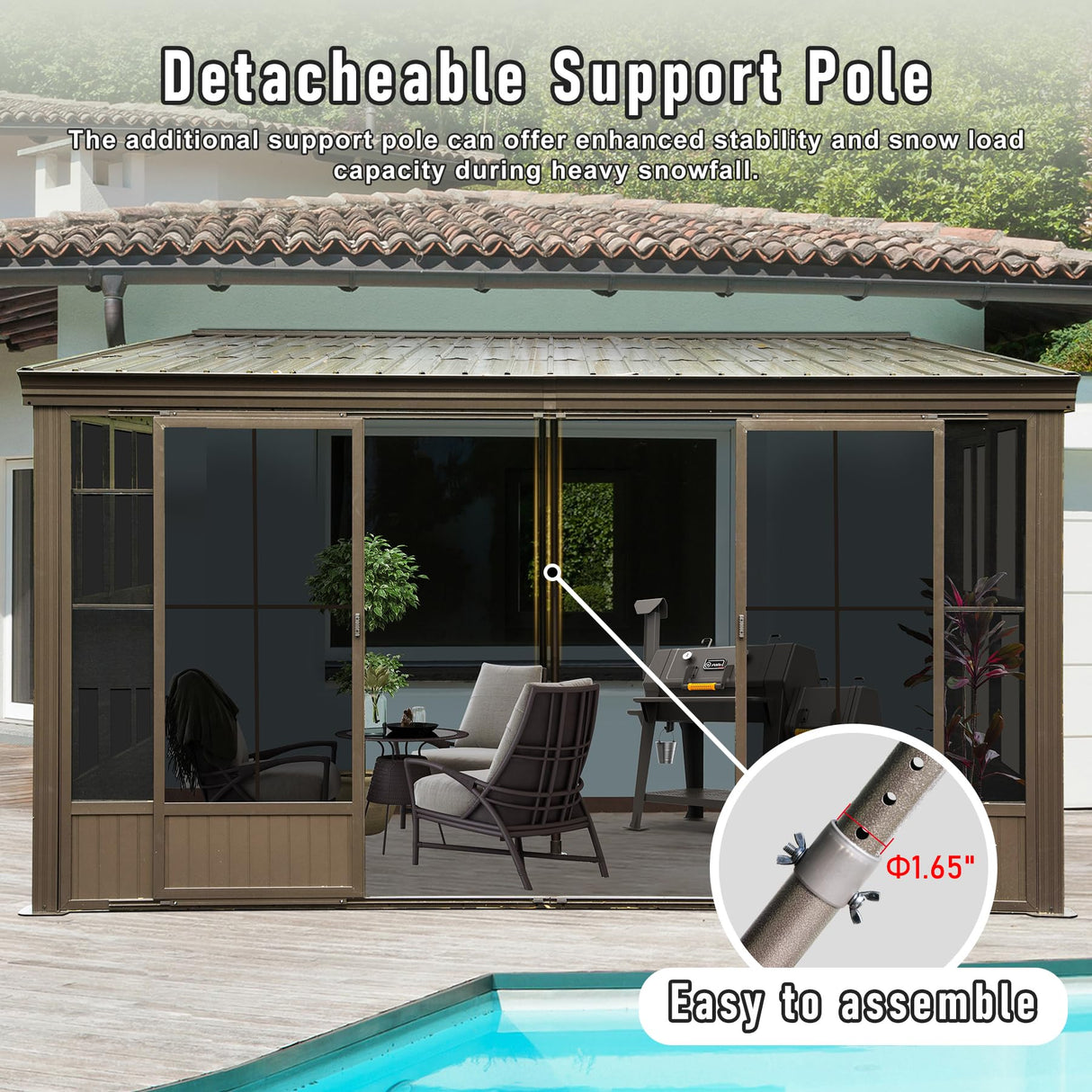 Domi Lean-to Sunroom 12x14FT, Wall Mounted Solarium with Galvanized Steel Sloping Roof, Moveable PVC Screen, Front Door&Side Sliding Door, Aluminum Gazebo Against Wall Sun Room for Patio Deck domi outdoor living