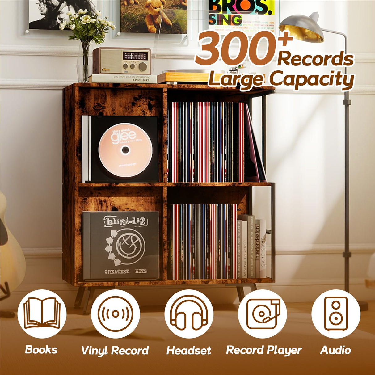 3 Tier Record Player Stand, Flip Top Record Player Cabinet, Mid Century Record Player Table with Shelves Holds up to 300+ Albums, Vinyl Record Storage with 4 U-Dividers for Living Room Bedroom, Brown Faesun