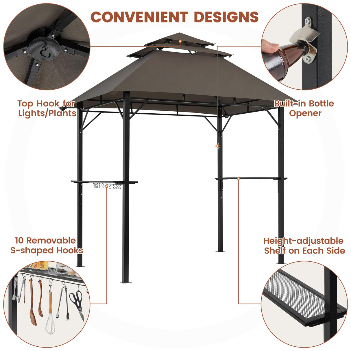 Yaheetech 8×5' Grill Gazebo, 3-Tier Outdoor BBQ Gazebo with Height-Adjustable Shelves & 10 S-Shaped Hooks & Built-in Bottle Opener, Brown Yaheetech