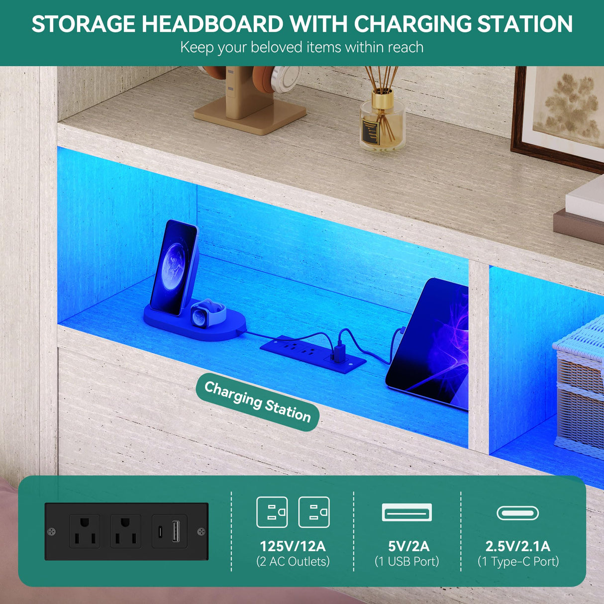 YITAHOME Beds with Trundle, Full Size Bed Frame with Bookcase Daybed Storage Headboard and Charging Station, RGB LED Lights Bed with Wooden Support for Bedroom, No Box Spring Needed, Noise Free, White YITAHOME