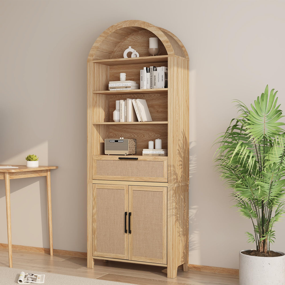 79" Tall Arched Bookcase with Storage, Mid Century Modern 6-Tier Cabinet with Door and Drawer, Arched Bookshelf with Open Display Shelf for Office Living Room (Natural, 79inch-Doors) Janmer Home