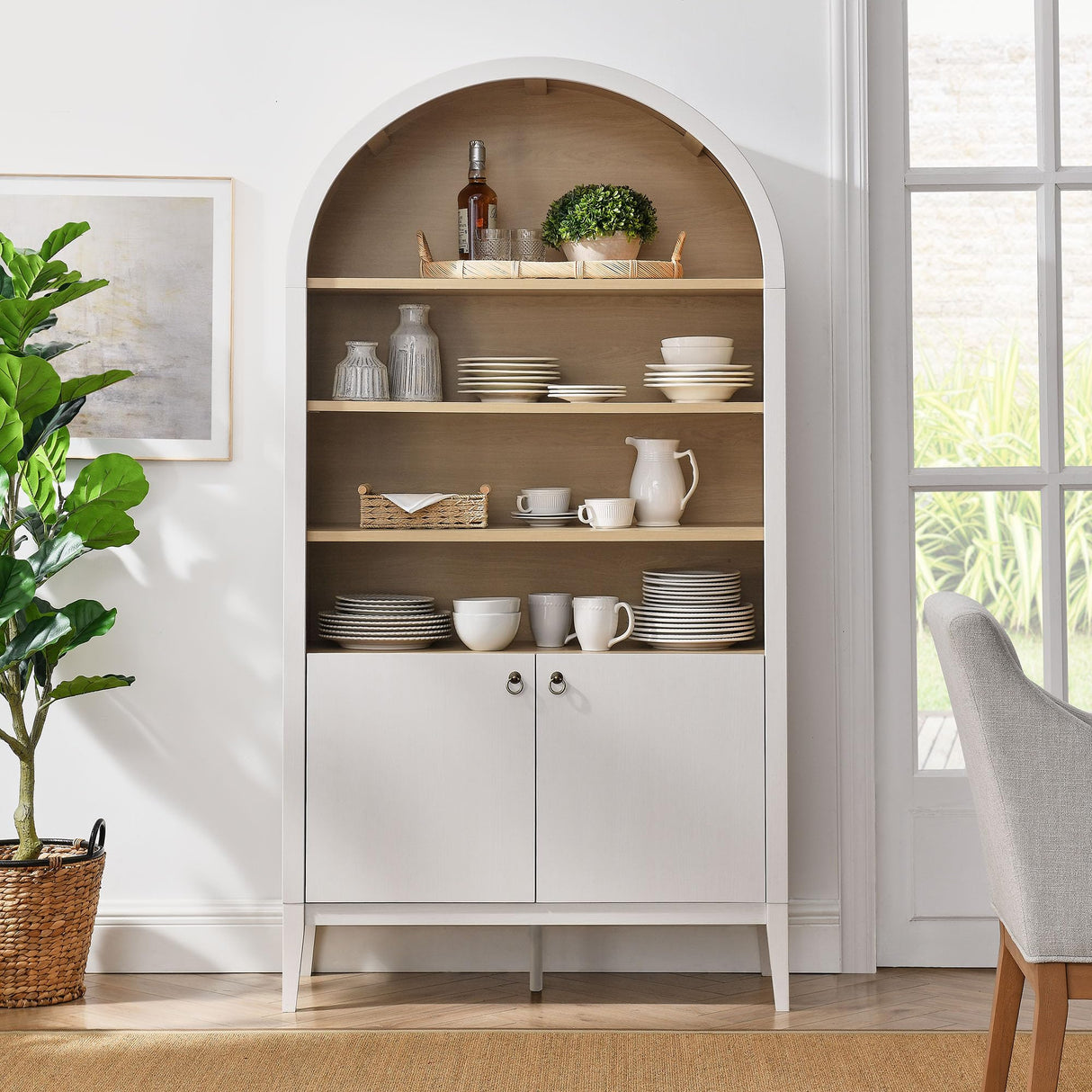 Modway Nolan Tall Arched Storage Display Cabinet in Ivory - 74 Inch Arch Bookshelf with Open and Closed Shelving - Modern Accent Cabinet for Living Room, Dining Room Modway