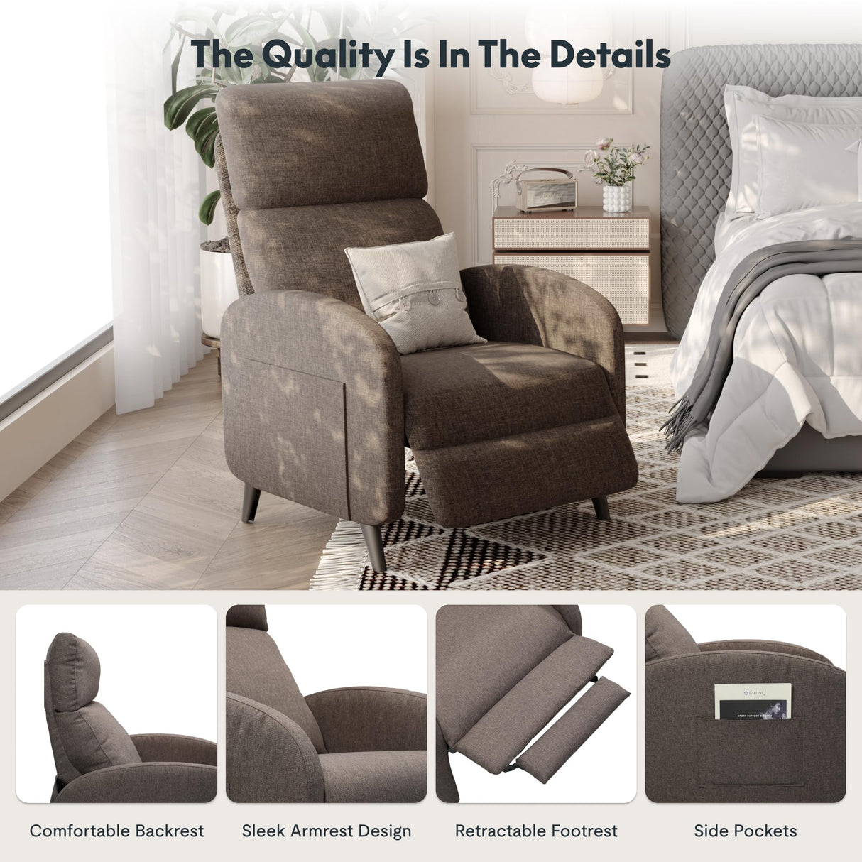 FLEXISPOT XC2 Recliner Chair for Adults, Fabric Small Recliner Home Theater Seating, Modern Reclining Chair, Adjustable Single Sofa Reading Chair with Extended Footrest for Living Room, Brown FLEXISPOT