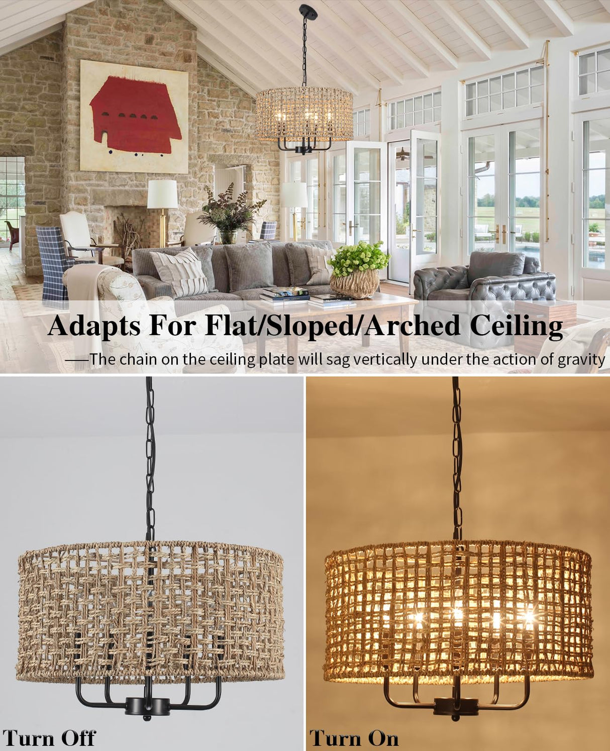 LASENCHOO 5 Lights Rattan Wicker Drum Chandeliers for Dining Room, Dia 19" Drum Pendant Light Fixture Hanging Boho Chandelier for Living Room Kitchen Entryway Hallway Bedroom, Height Adjustment LASENCHOO