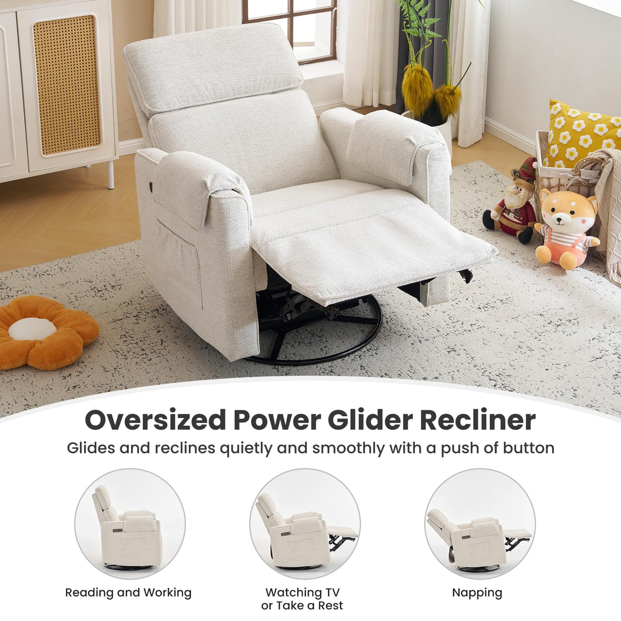 Oversized Power Recliner Chair Swivel Glider with Adjustable Headrest, Swivel Rocking Recliner Chair for Adults, 26" Extra Wide Glider Nursery Chair with Overstuffed Armrest, USB Ports, White RUTOX