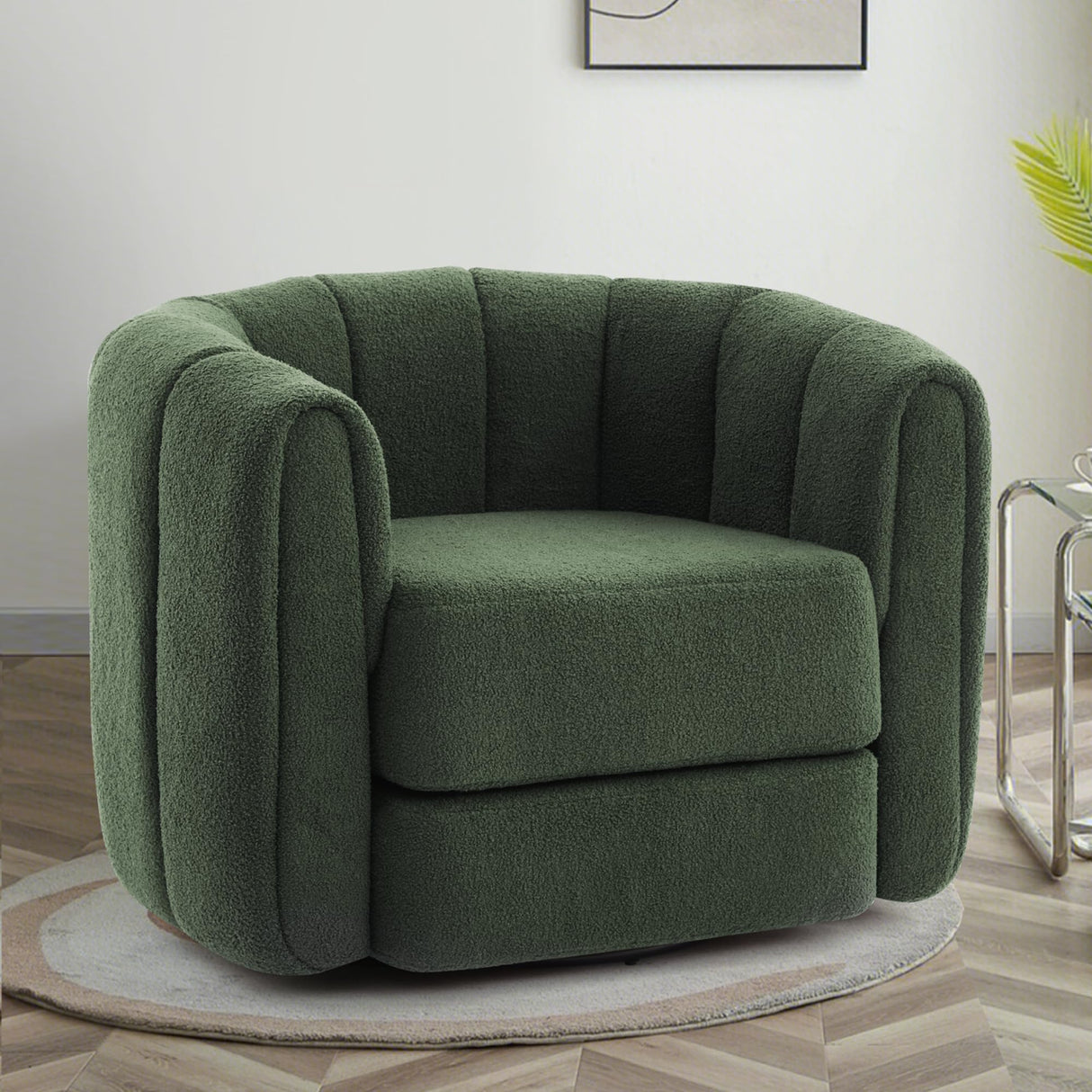 SUNWAVE Swivel Accent Chair, 360-degree Swivel Barrel Chair with Teddy Upholstery, Comfy Pumpkin-Shaped Accent Chair for Living Room, Bedroom, or Office (1, Green, 37") SUNWAVE