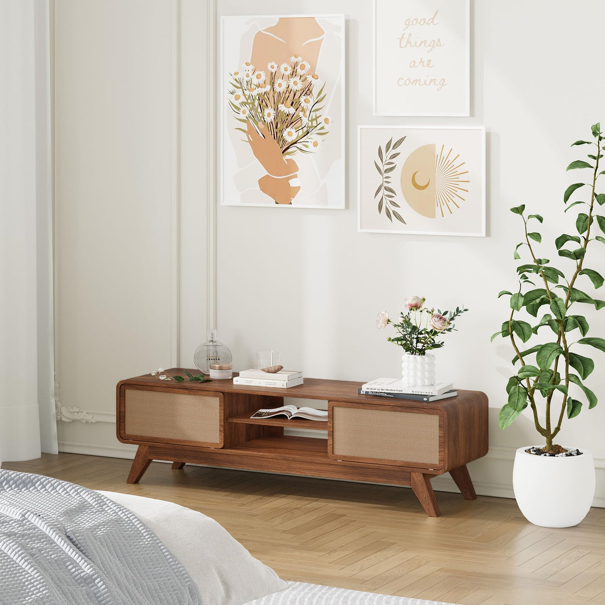 AVZEAR Mid Century Modern TV Stand for TVs up to 65'', Farmhouse Entertainment Center with Storage, TV Cabinet Table with Nature Linen Doors, Media Console TV Consoles for Living Room Bedroom (Walnut) AVZEAR