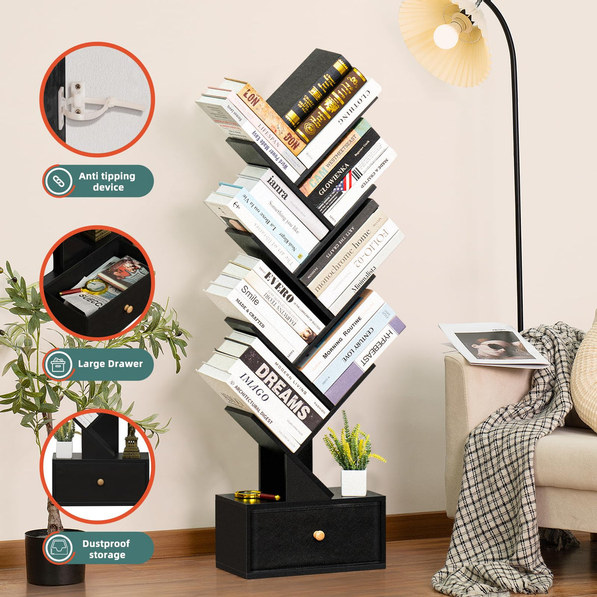 SHEEPAM 8-Tier Tree-Shaped Bookshelf with Drawer - Space-Saving Black Wood Bookcase for Home & Office SHEEPAM