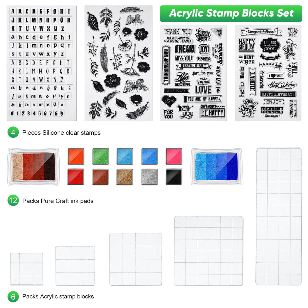 Zonon 22 Pieces Acrylic Stamp Blocks Tools Set Include 6 Clear Stamp Blocks, 4 Transparent Silicone Seals, 12 Craft Ink Pad for Scrapbooking Card Making Zonon