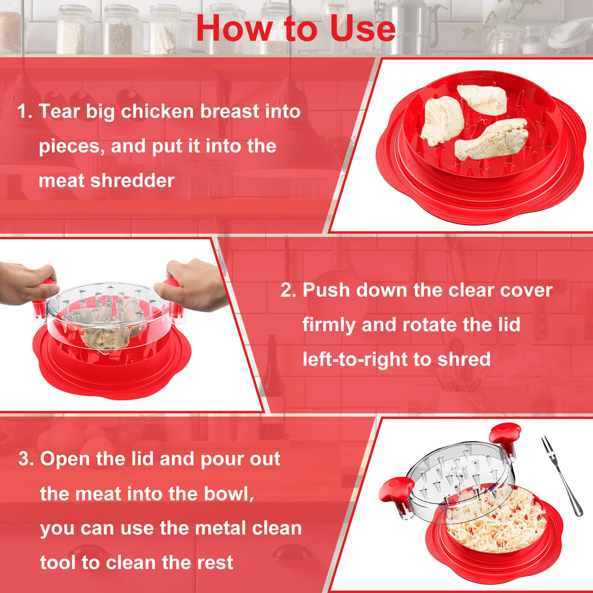 SURETIVIAN Chicken Shredder Large Chicken Breast Shredder Tool Twist with Brush&Fork, Visible Meat Shredder Machine, Anti-Slip Strip, Ergonomic Handle, BPA Free, Suitable for Pork Beef Chicken(Red) SURETIVIAN