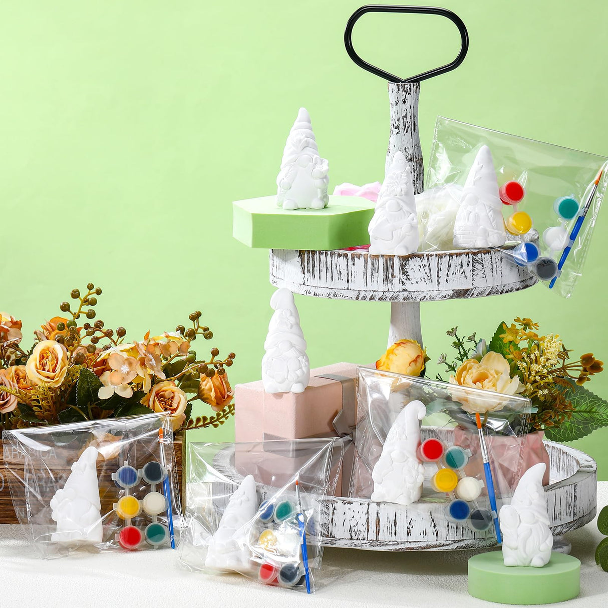 Foilswirl 8 Pcs Spring Gnome Ceramics to Paint Ready to Paint Your Own Ceramic Gnome Statues DIY Unpainted Ceramics Paintable Figurines Kit Crafts with Brush Palette Foilswirl