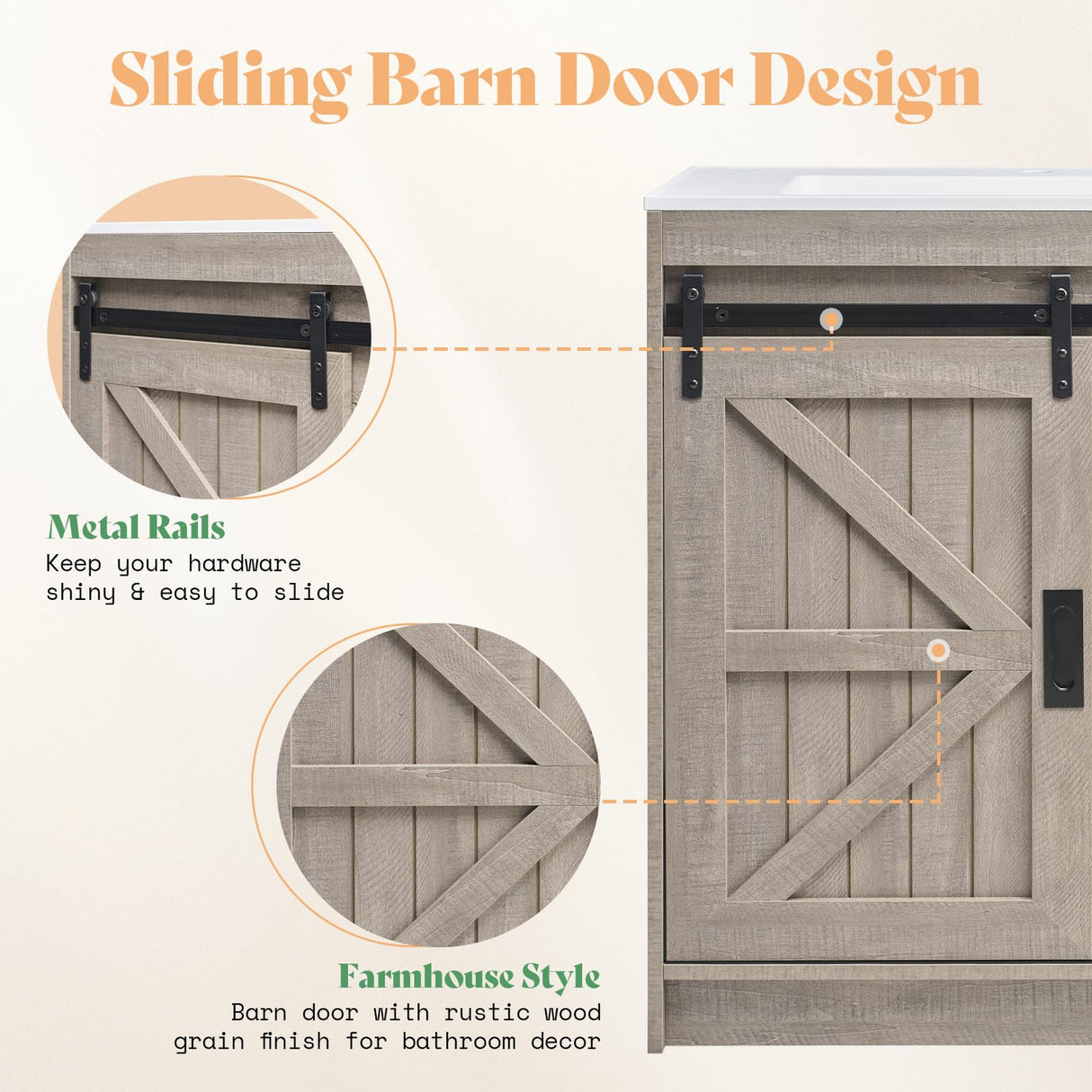 AMERLIFE Farmhouse Bathroom Vanity with Sink Combo, 31in Sliding Barn Door Bathroom Vanity Cabinet Set with Storage Drawers, Metal Handles, Small Single Bath Storage Vanity Sink, Light Grey AMERLIFE