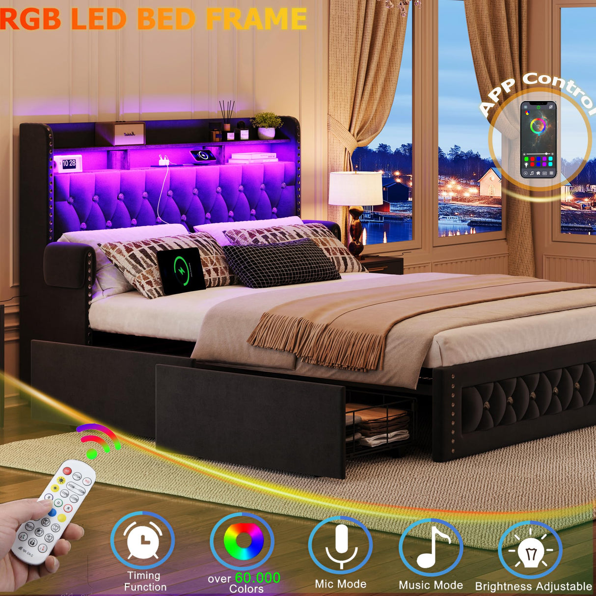 Ailisite Full Size Bed Frame with 4 Storage Drawers,Velvet Upholstered Full Platform Bed with Charging Station and Bookcase Storage Headboard, Led Full Bed Frame, No Box Spring Needed,Black Ailisite