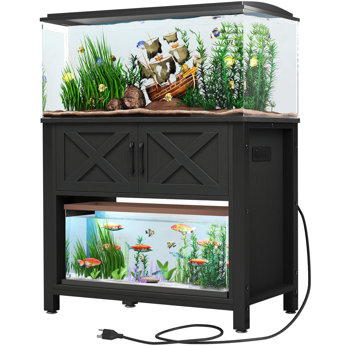 DWVO Heavy Duty Metal Aquarium Stand with Power Outlets, Cabinet for Fish Tank Accessories Storage - Suitable for 40-50 Gallon Fish Tank Stand, Turtle Tank, Reptile Terrarium, 660LBS Capacity, Black DWVO