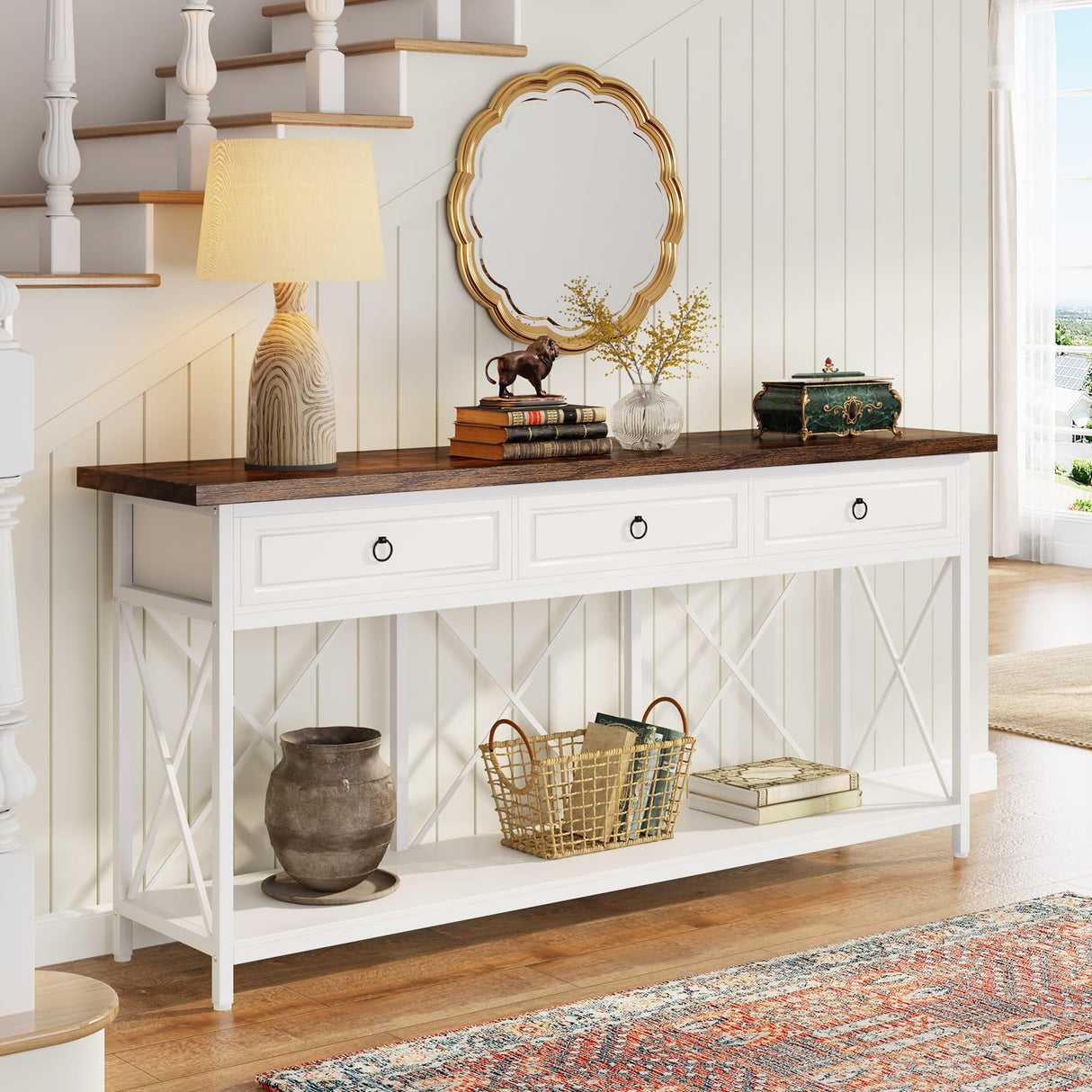 Tribesigns 70.8" Console Table with 3 Drawers, Farmhouse Entryway Table with Storage Shelf, Narrow Long Sofa Foyer Table for Entryway, Hallway (White/Brown) Tribesigns