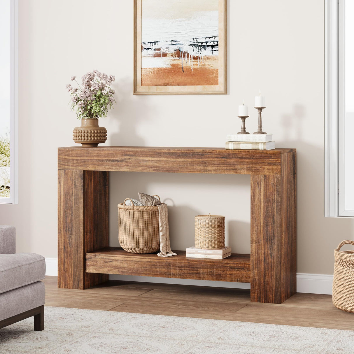 47.24 Inches Long Console Table for Entryway, 2-Tier Large Sofa Table with Storage, Farmhouse Console Table for Living Room, Wooden Entrance Entry Table for Entryway, Hallway GarveeHome