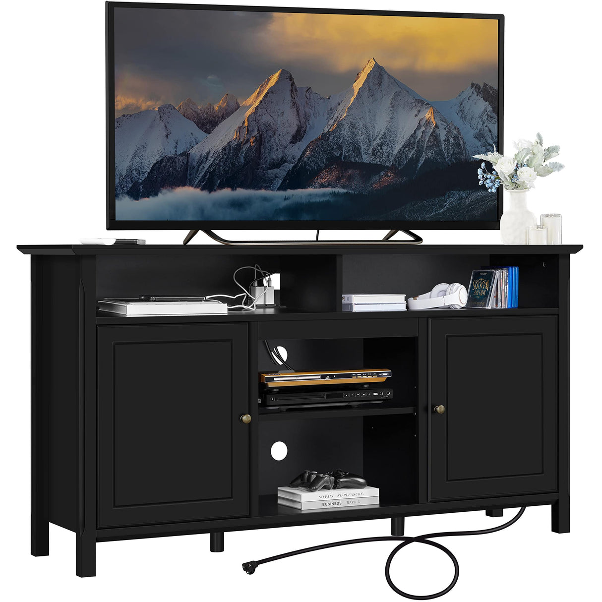 Yaheetech Black TV Stand with Doors for TVs up to 65 in, Modern TV Console with Power Outlet & Storage Shelf, Mid-Century Entertainment Center for Living Room, 31 in Tall Yaheetech