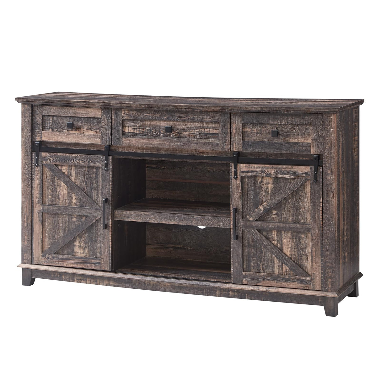 AMERLIFE Farmhouse TV Stand for Televisions up to 65 Inchs, Entertainment Center with Sliding Barn Doors and Storage Drawers, 59" TV Stand with Cabinets, Rustic Oak Black AMERLIFE