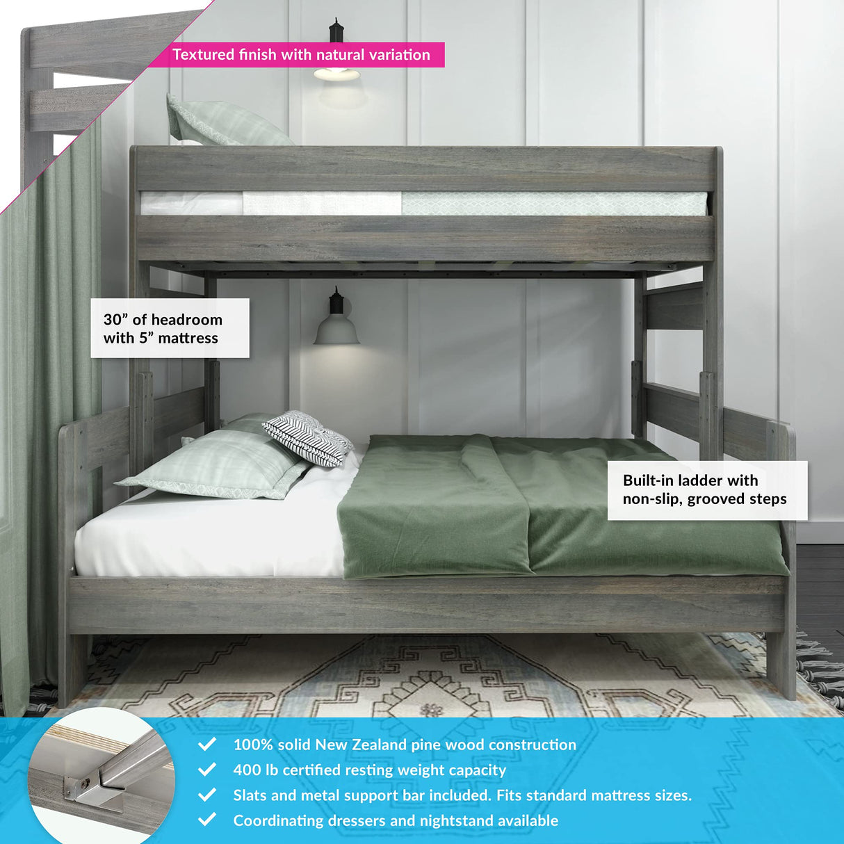 Farmhouse Twin XL Over Queen Bunk Bed by Max & Lily in Driftwood Finish Max & Lily