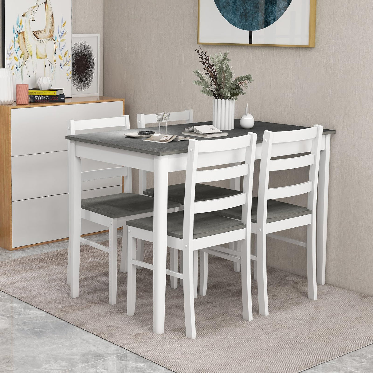 GOFLAME 5 Piece Dining Table Set for 4, Farmhouse Kitchen Table and 4 Chairs with Rubber Wood Legs, Space-Saving Wooden Dinette Set for Small Space, Dining Room, Breakfast Nook, Grey+White GOFLAME